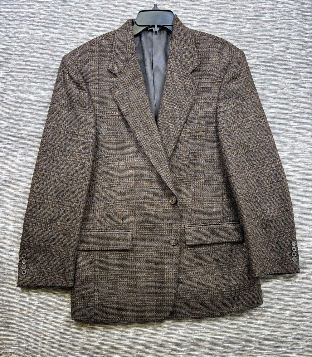 Vintage Claiborne Blazer Mens 44R Brown Check Wool Tweed Sport Coat Mexico Lined